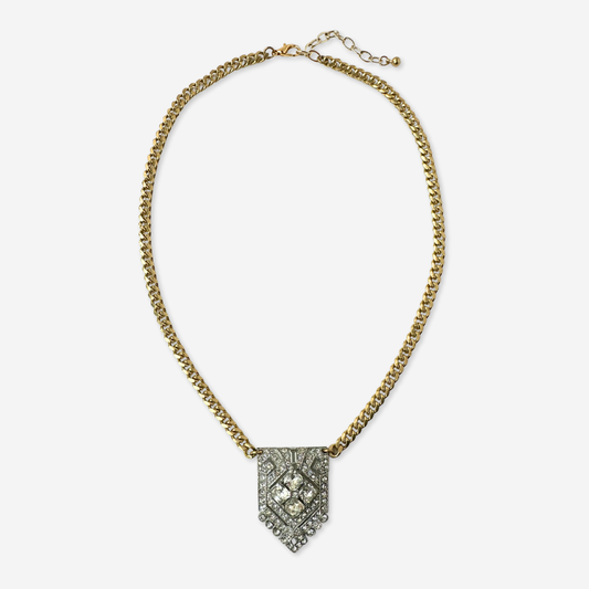 Refashioned art deco rhinestone pendant necklace on brass chain