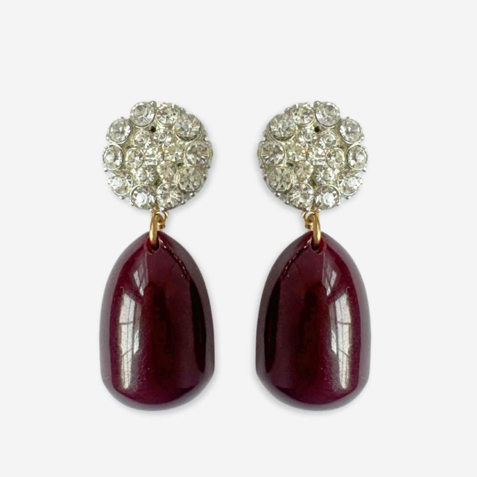 Refashioned vintage burgundy bakelite and clear rhinestone earrings