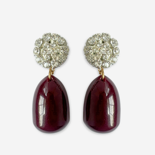 Refashioned vintage burgundy bakelite and clear rhinestone earrings