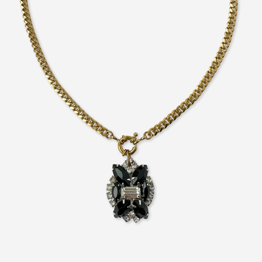 Refashioned vintage clear and black rhinestone pendant on brass chain