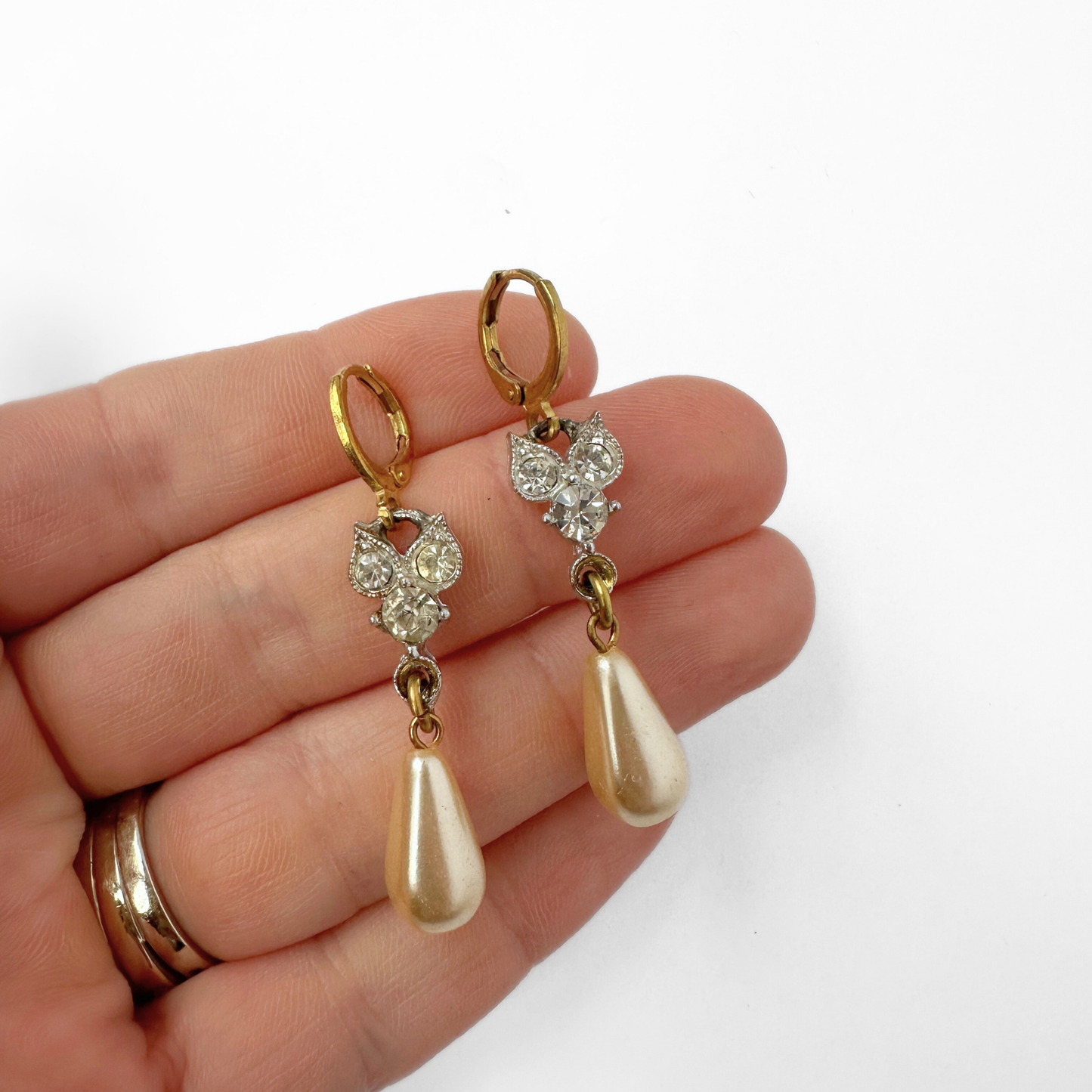 Refashioned vintage silver and clear rhinestone link earrings with pearl teardrop