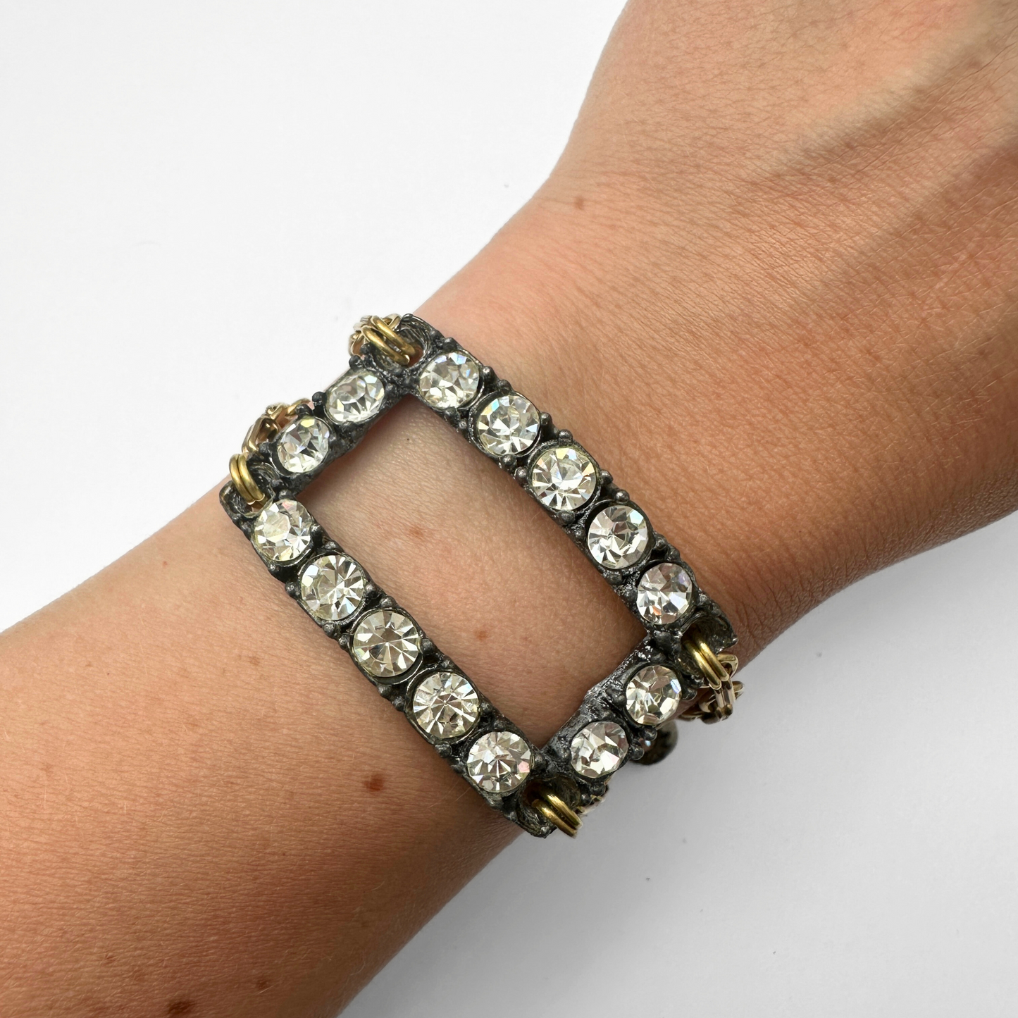 Repurposed vintage Rhinestone Buckle bracelet with brass rolo chain