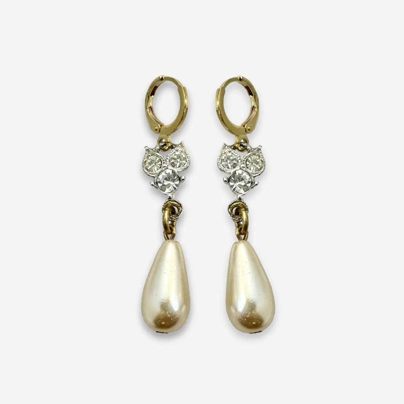 Refashioned vintage silver and clear rhinestone link earrings with pearl teardrop