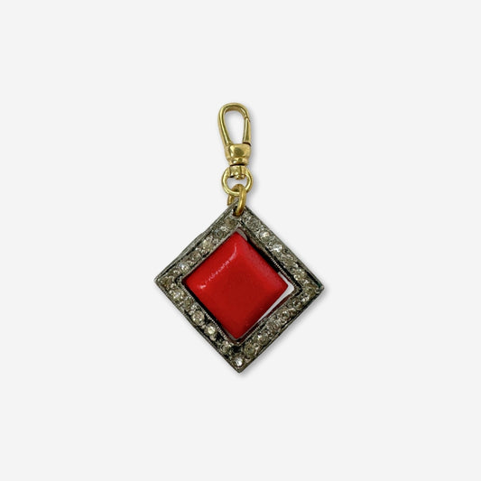 Vintage red celluloid and clear rhinestone square charm with swivel clasp