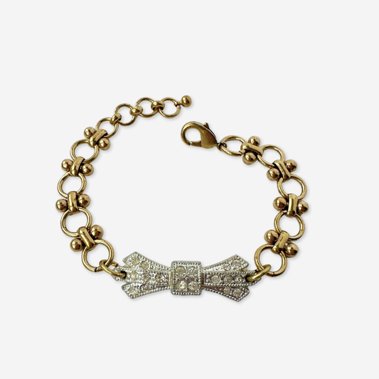 Refashioned vintage clear rhinestone bow bracelet with brass chain