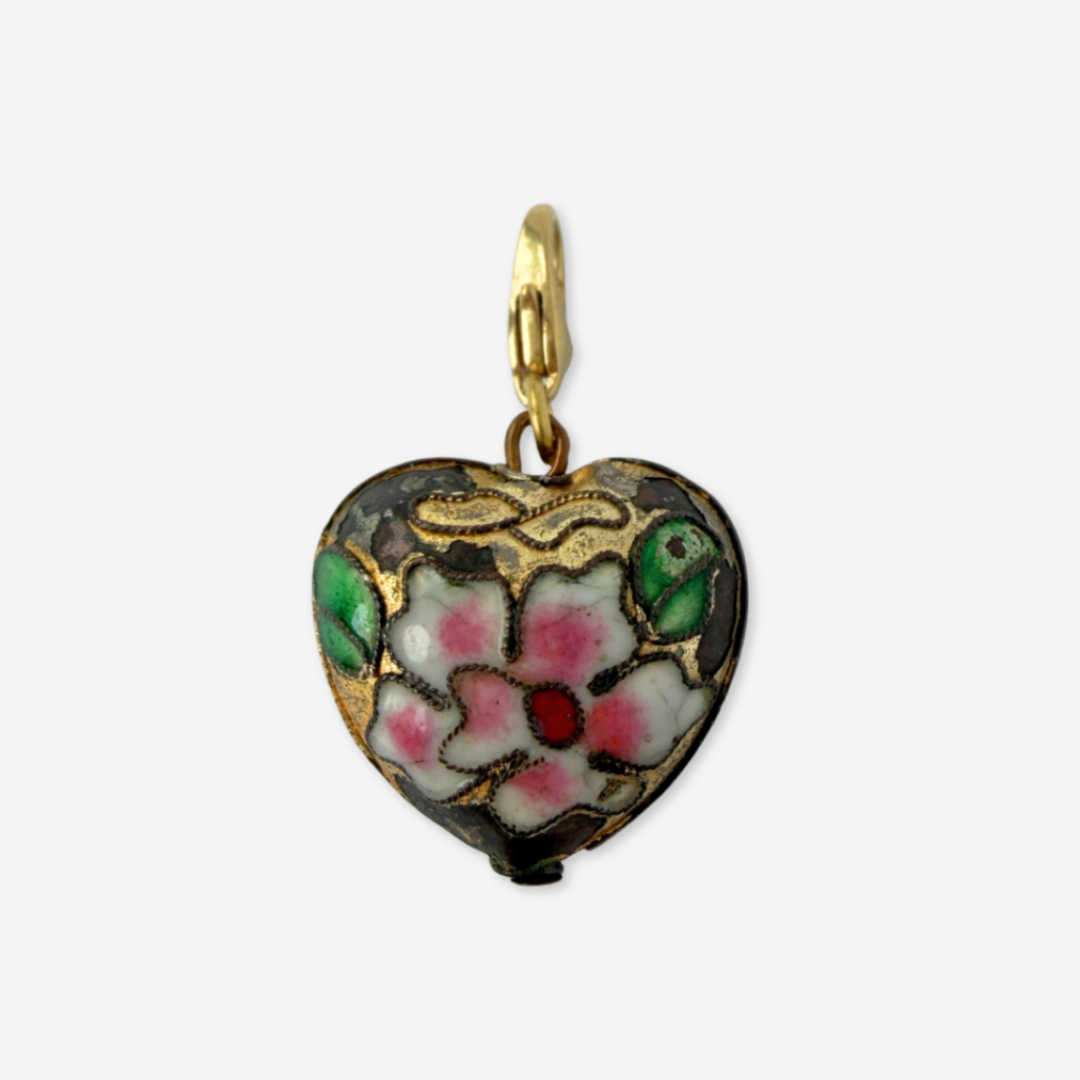 Vintage floral cloisonné enamel puffy heart charm