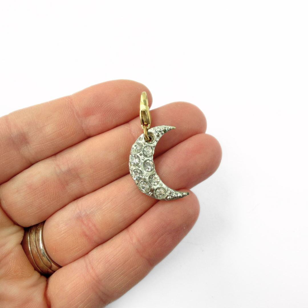 Refashioned Vintage silver rhinestone crescent moon charm