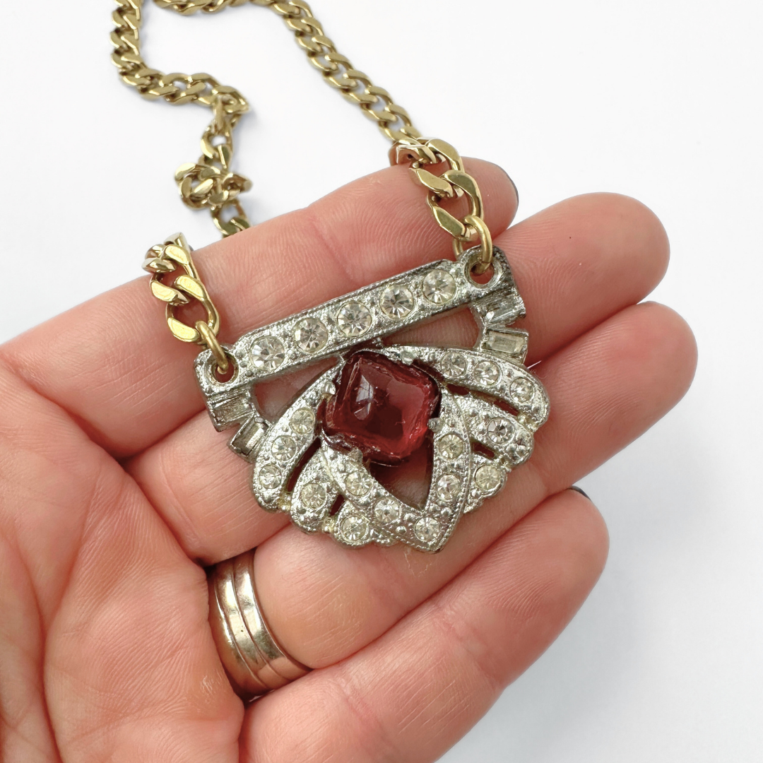 Refashioned vintage clear and red rhinestone art deco pendant necklace