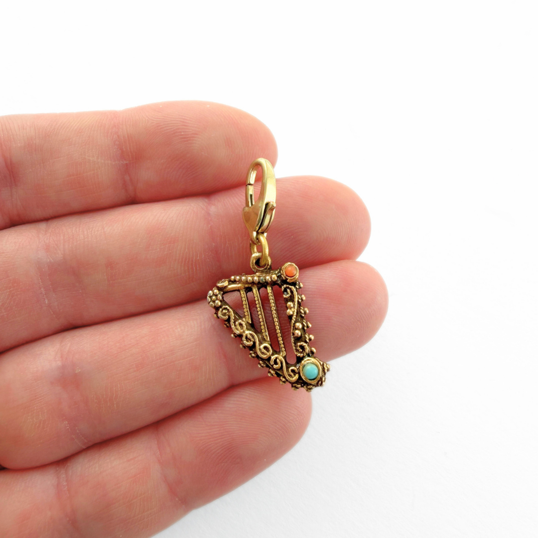 Vintage antique gold harp charm pendant with colored stones