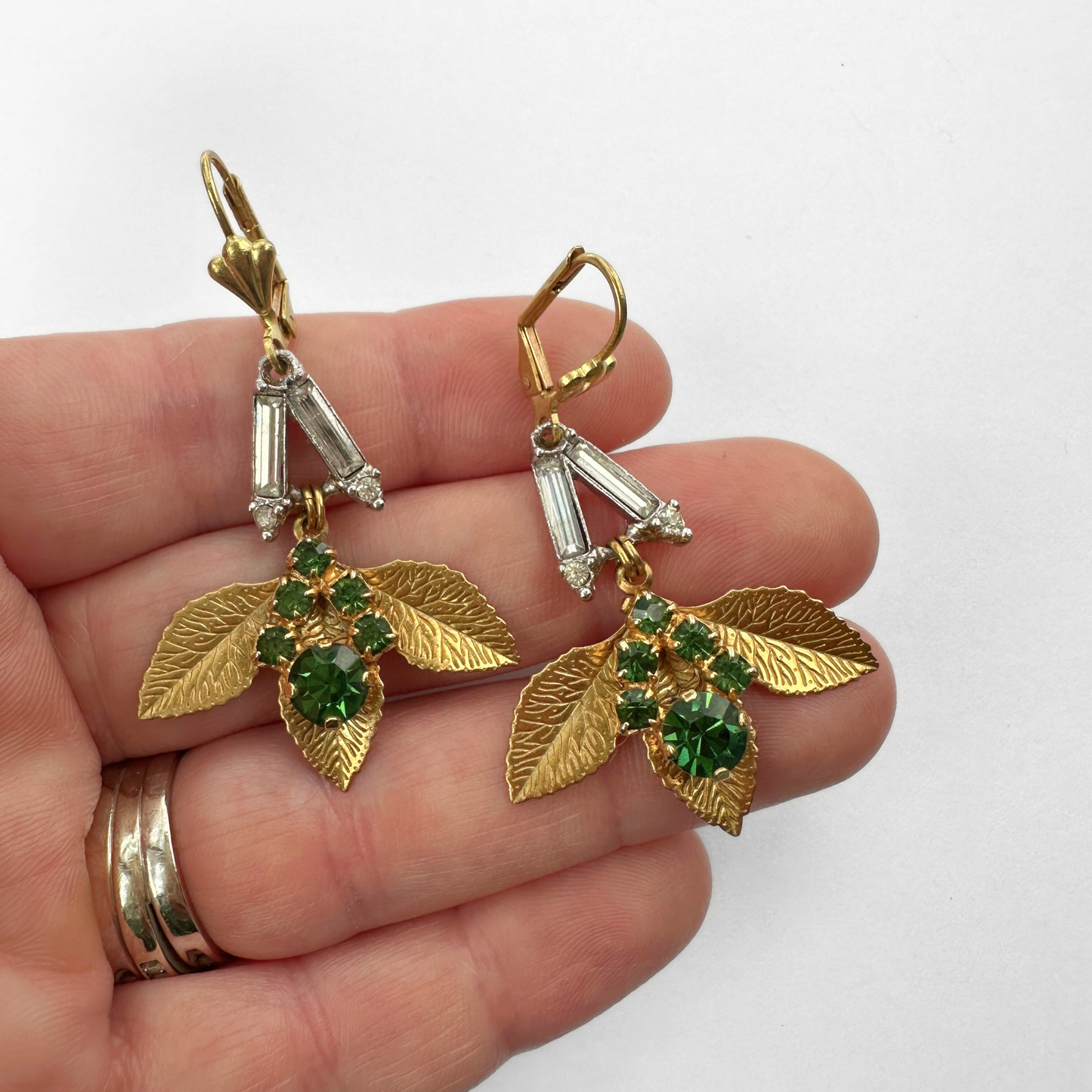 Refashioned vintage green and clear vintage earrings with brass leaf stamping