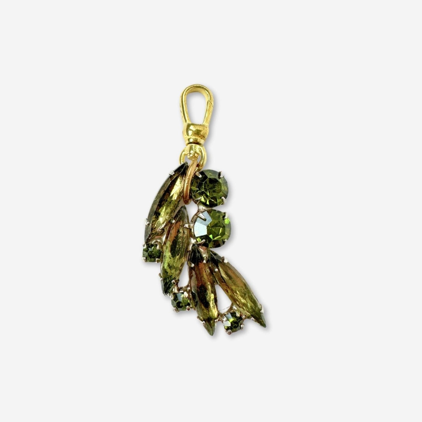 Olive green marquis rhinestone vintage charm on brass swivel clasp