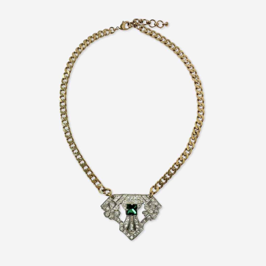Refashioned vintage clear and green rhinestone art deco pendant necklace