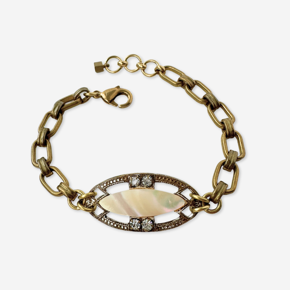 Repurposed vintage mother of pearl and rhinestone link bracelet