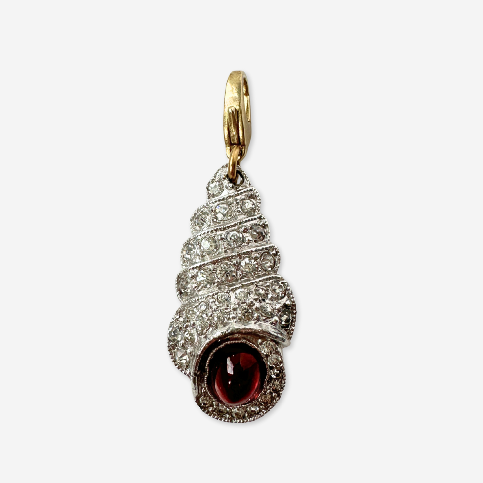 Vintage red and clear rhinestone shell charm pendant