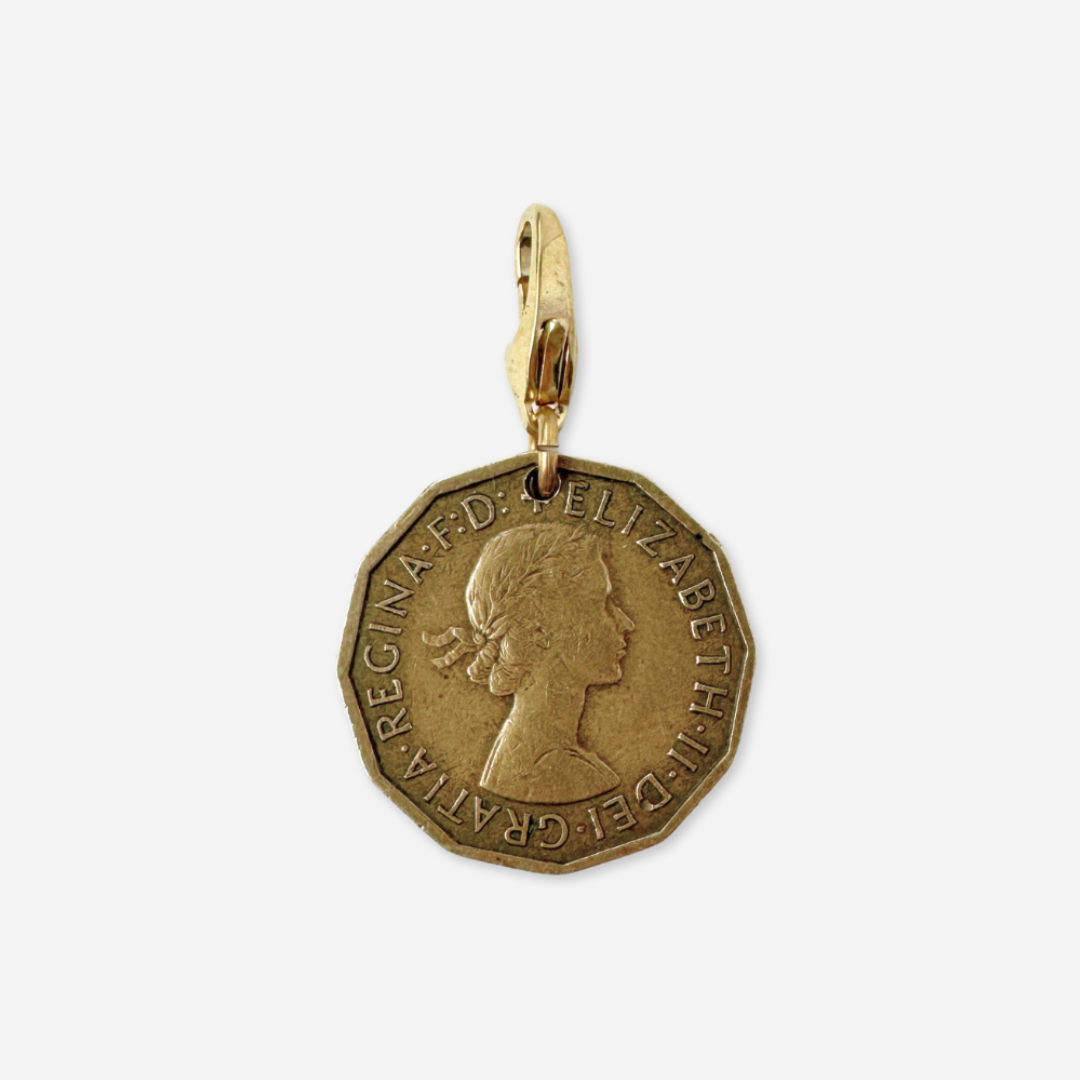 Vintage 1960 Queen Elizabeth three pence coin charm