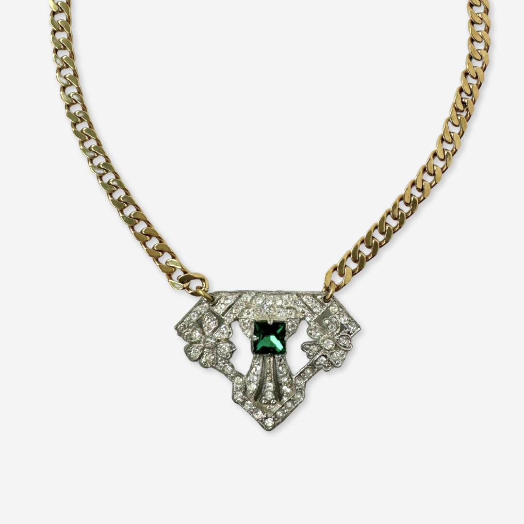 Refashioned vintage clear and green rhinestone art deco pendant necklace