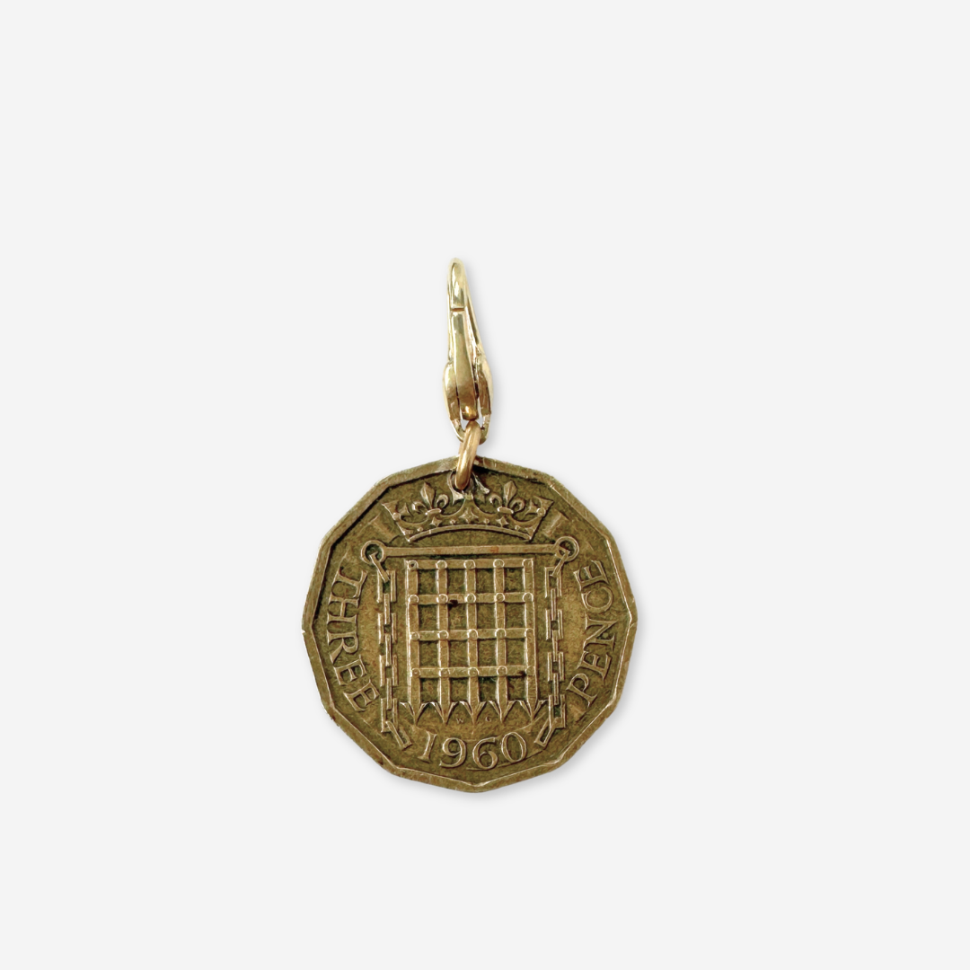 Vintage 1960 Queen Elizabeth three pence coin charm