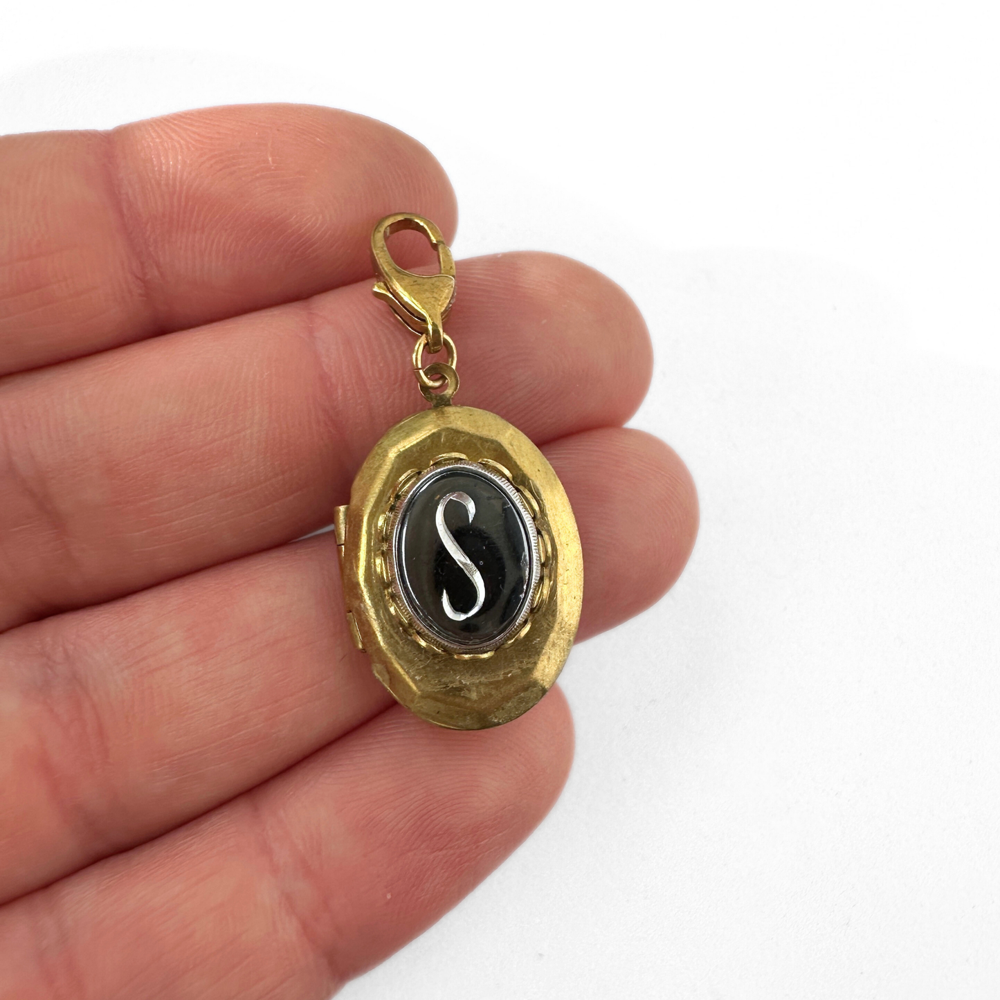 Vintage letter "S" embellished oval brass locket charm