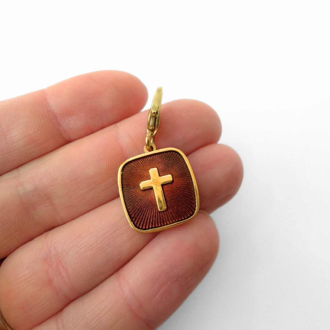 Vintage brown and gold square cross charm