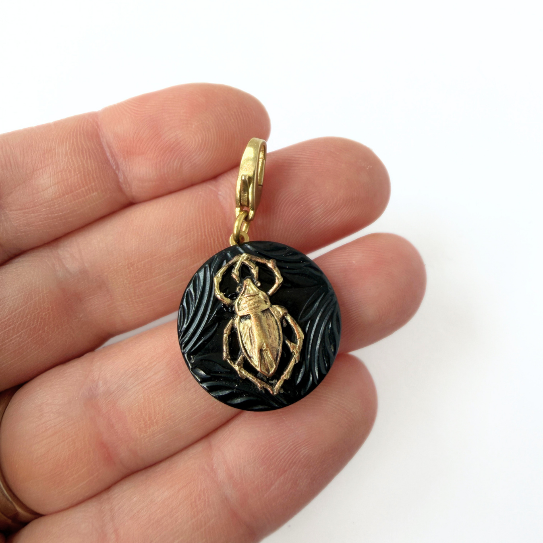 Refashioned vintage layered beetle and black button charm
