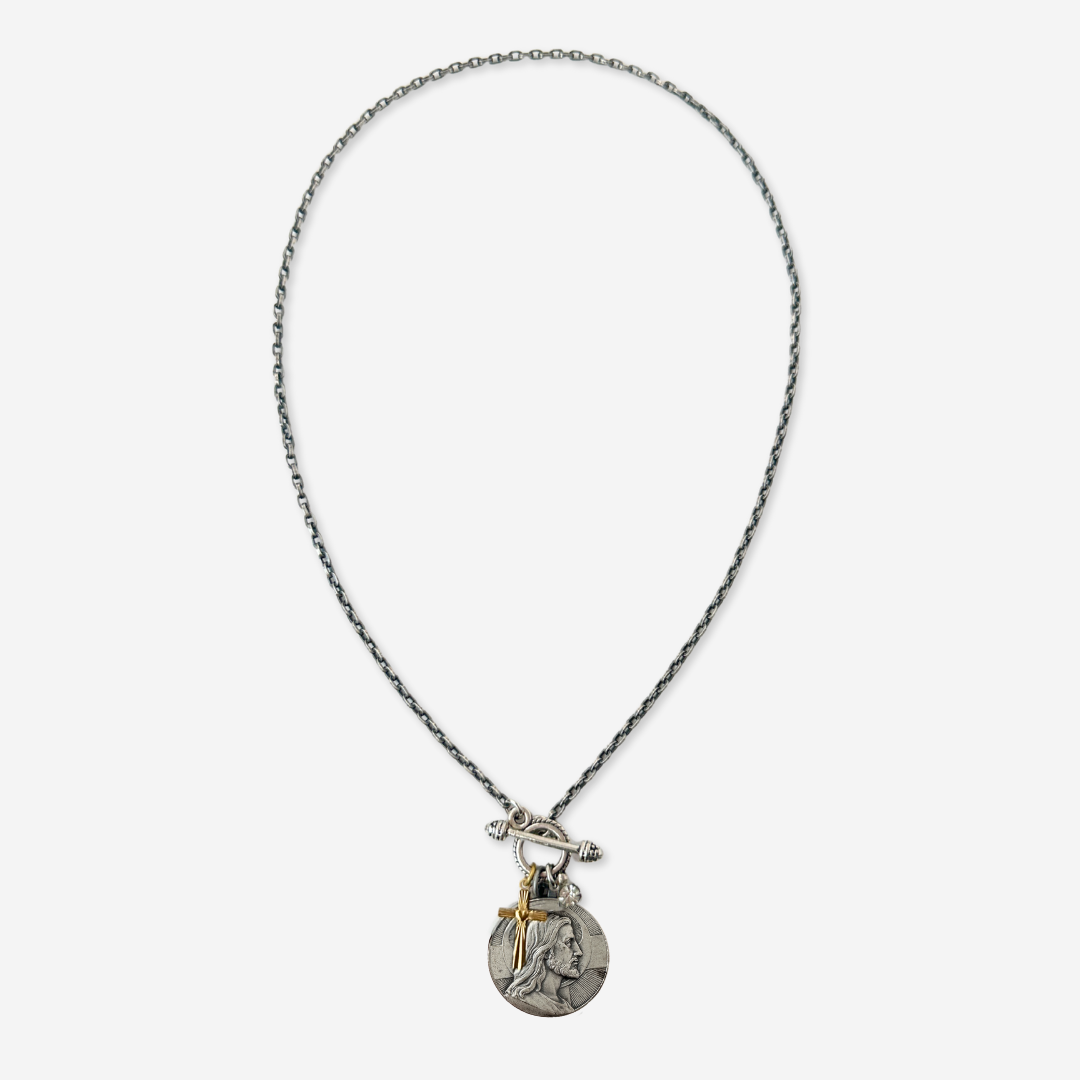 Repurposed vintage pewter Jesus Christ religious medallion necklace