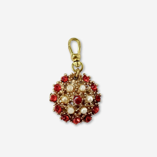 Red rhinestone and pearl vintage charm on brass swivel clasp