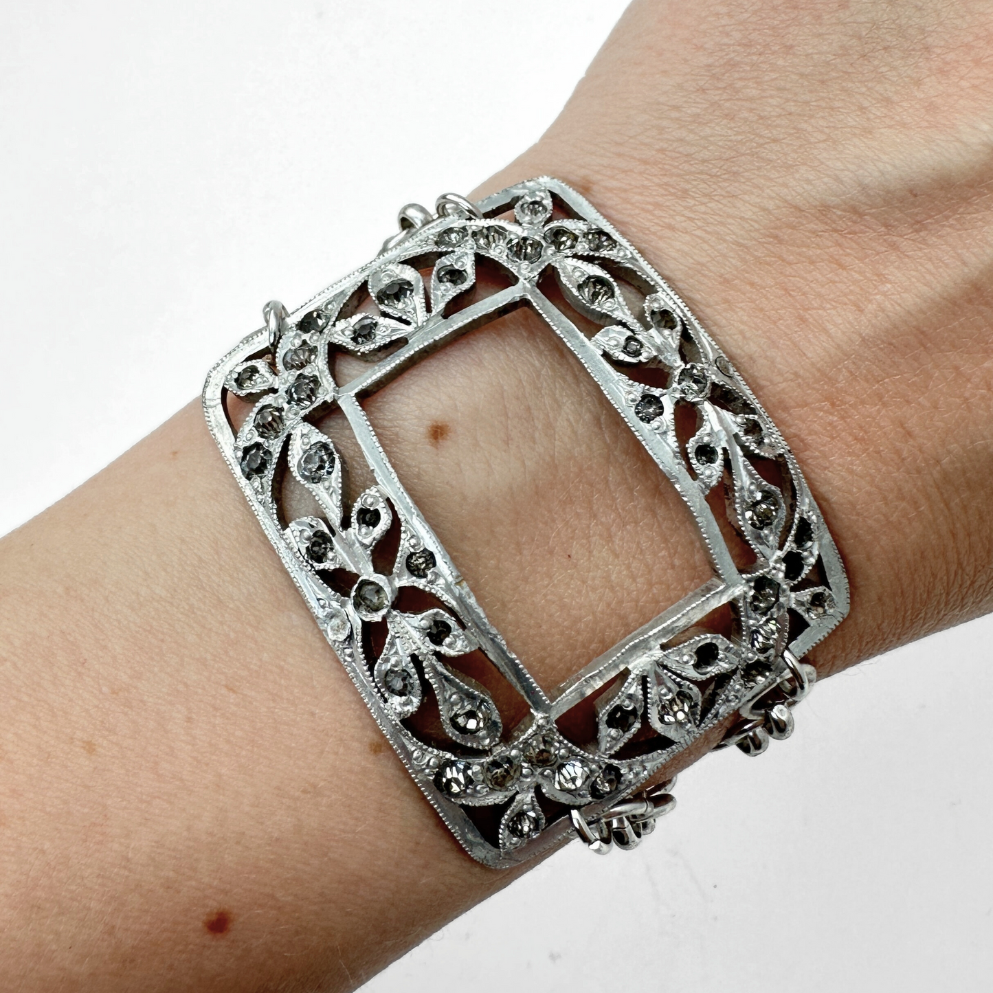 Refashioned vintage aluminum Rhinestone shoe Buckle bracelet