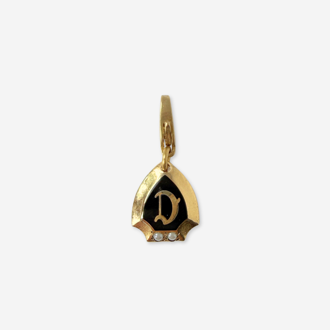 Small refashioned vintage black enamel and pearl letter "D" charm