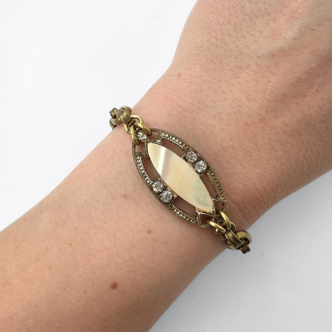 Repurposed vintage mother of pearl and rhinestone link bracelet