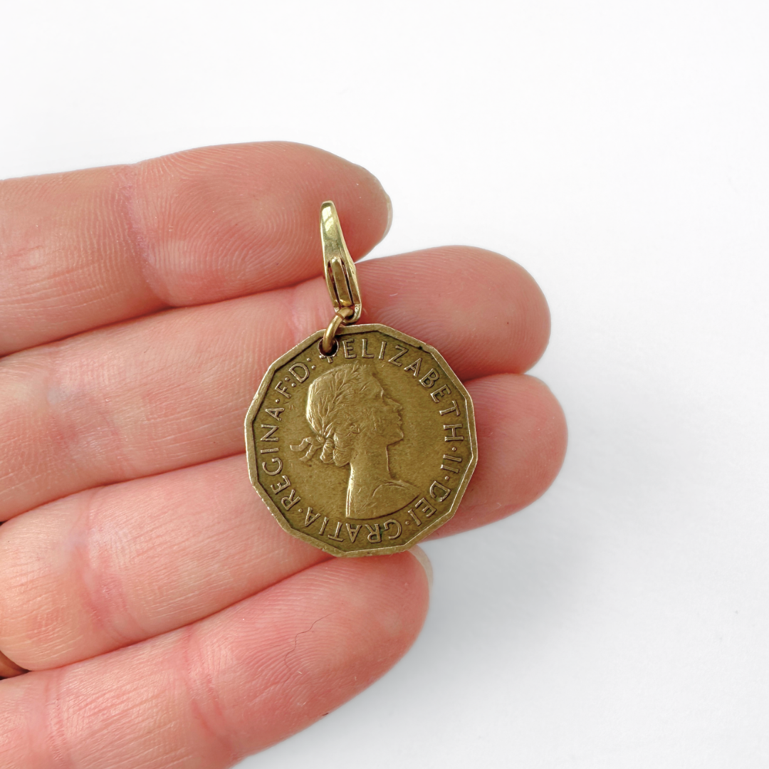 Vintage 1960 Queen Elizabeth three pence coin charm
