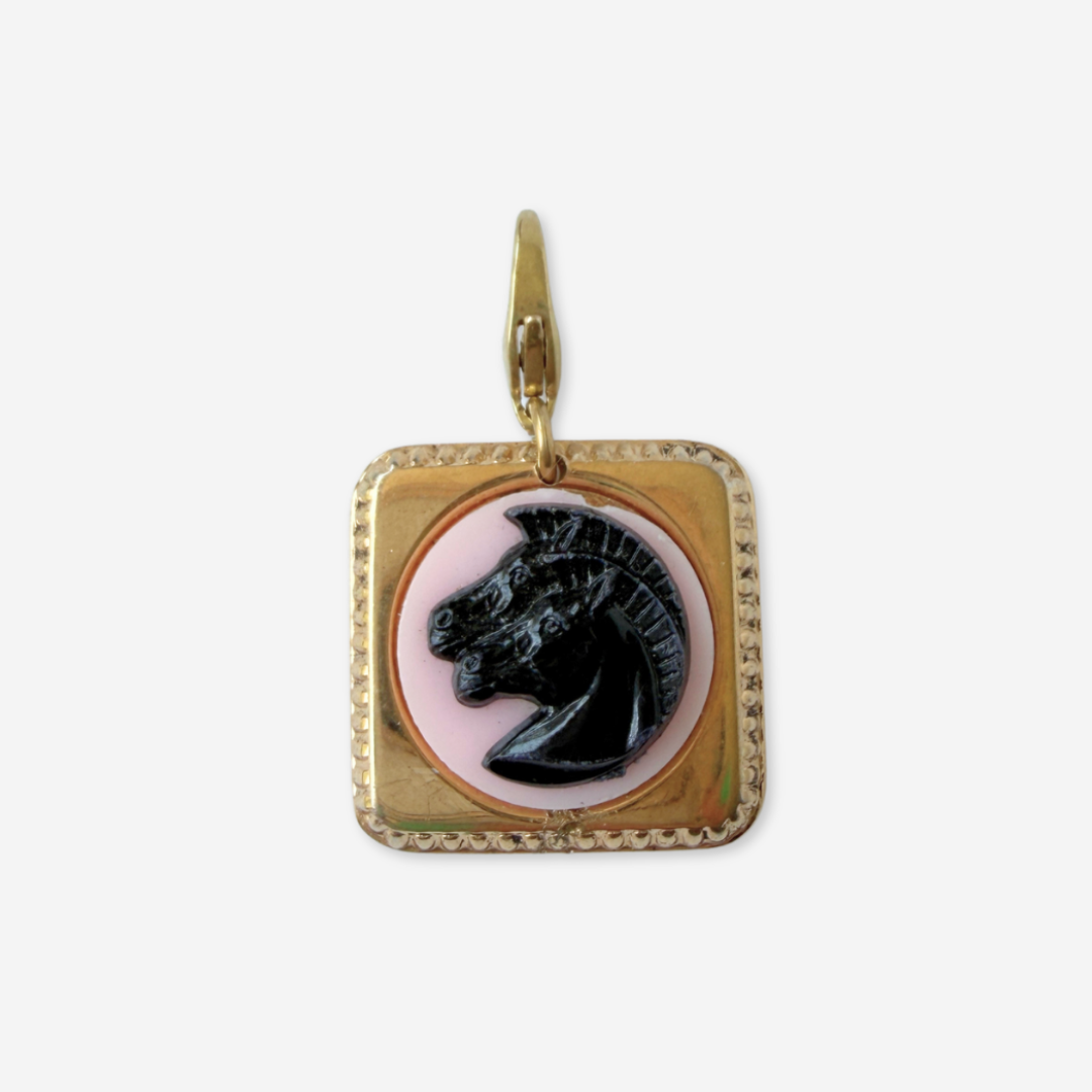 Vintage pink and black square horse charm