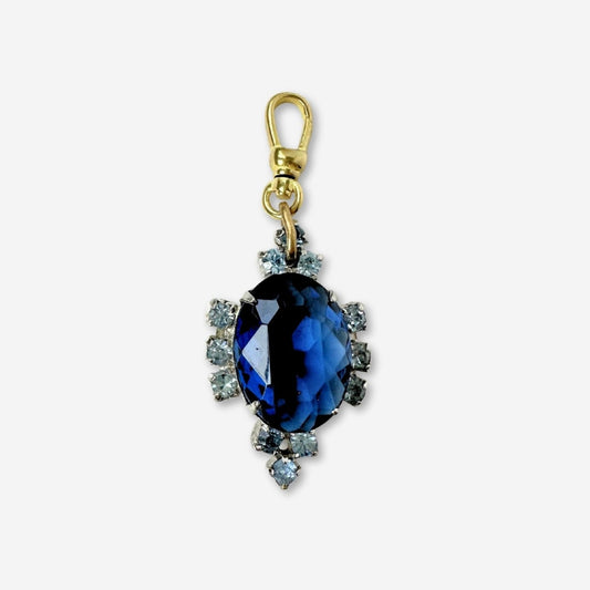 Vintage sapphire blue oval rhinestone charm with raw brass swivel clasp