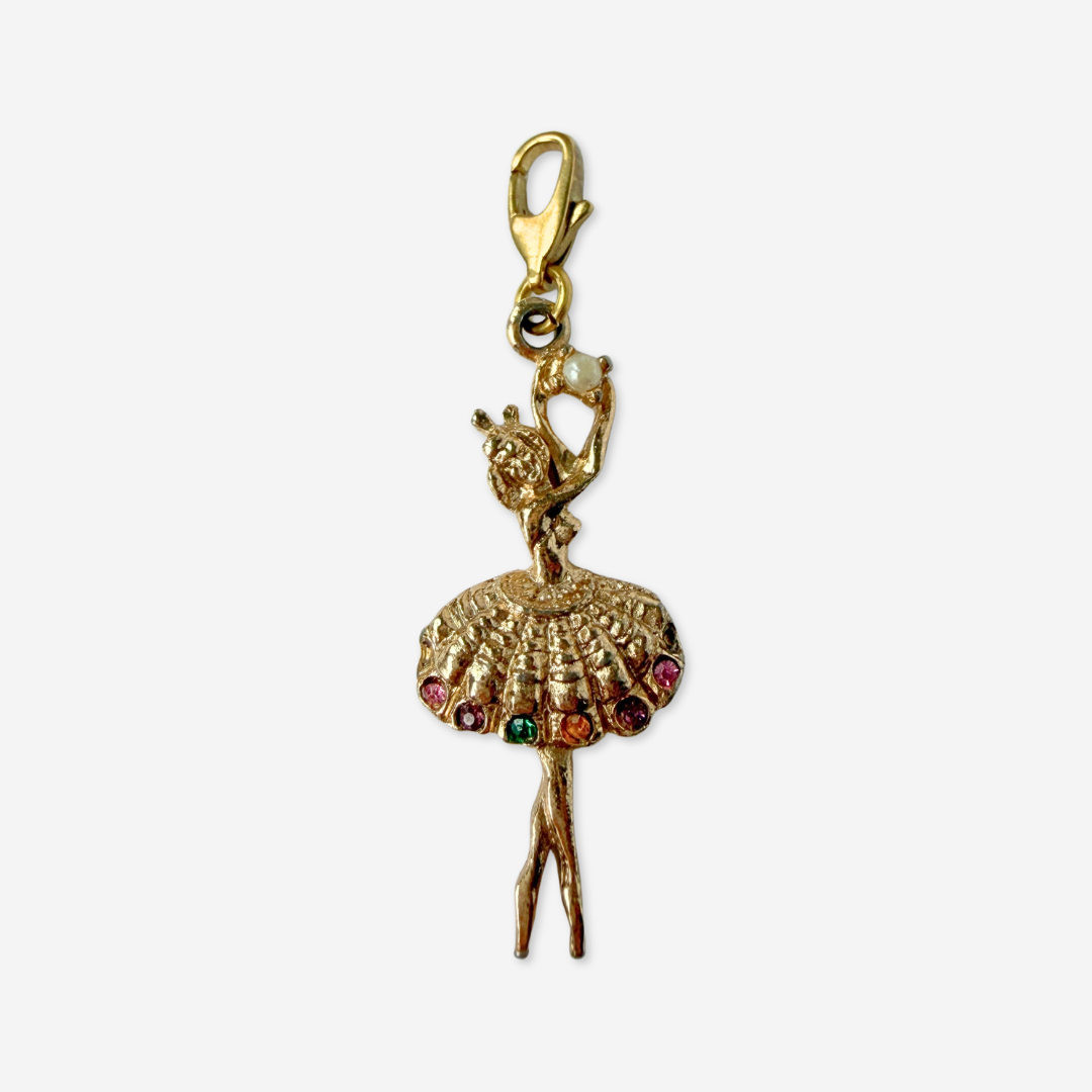 Vintage muted gold ballerina charm with multicolor rhinestones