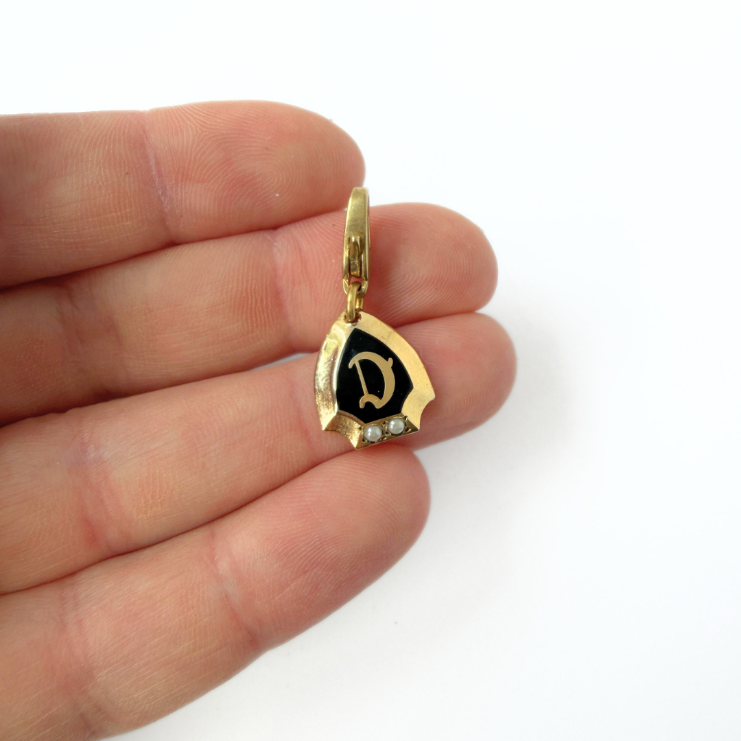 Small refashioned vintage black enamel and pearl letter "D" charm