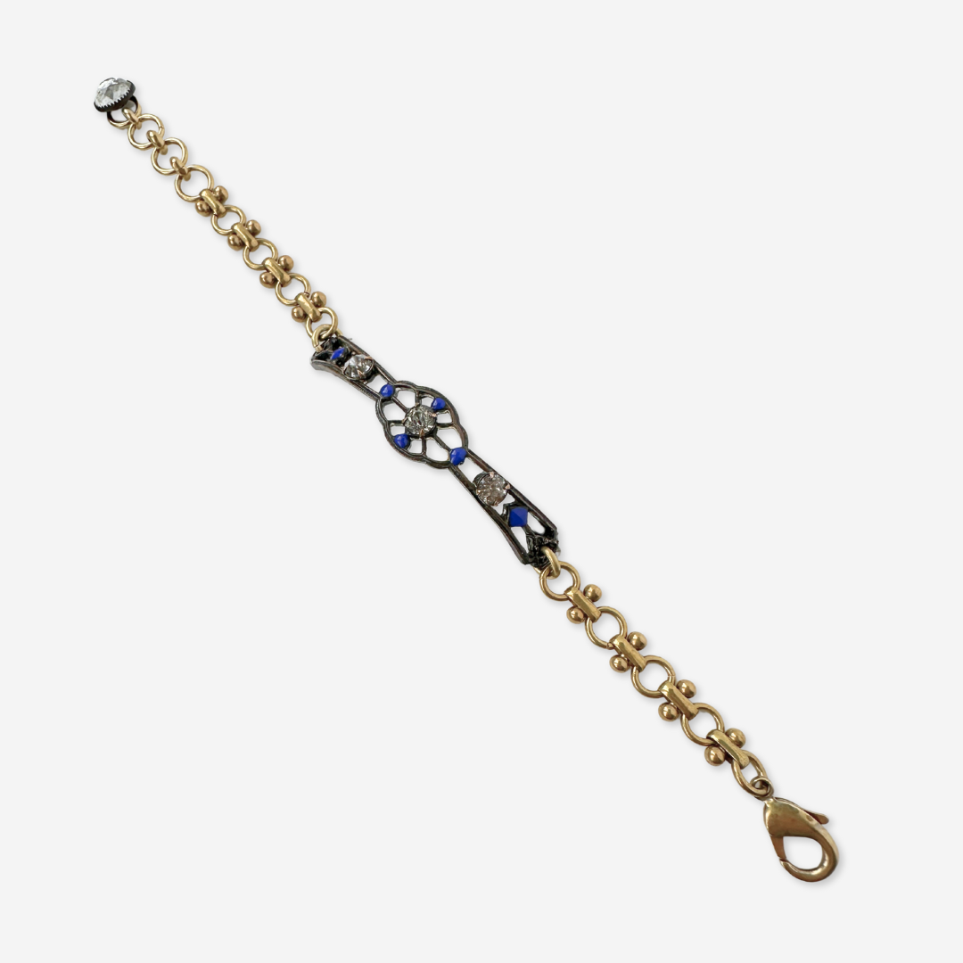Repurposed antique bronze, blue enamel, and clear rhinestone thin ornate bar bracelet