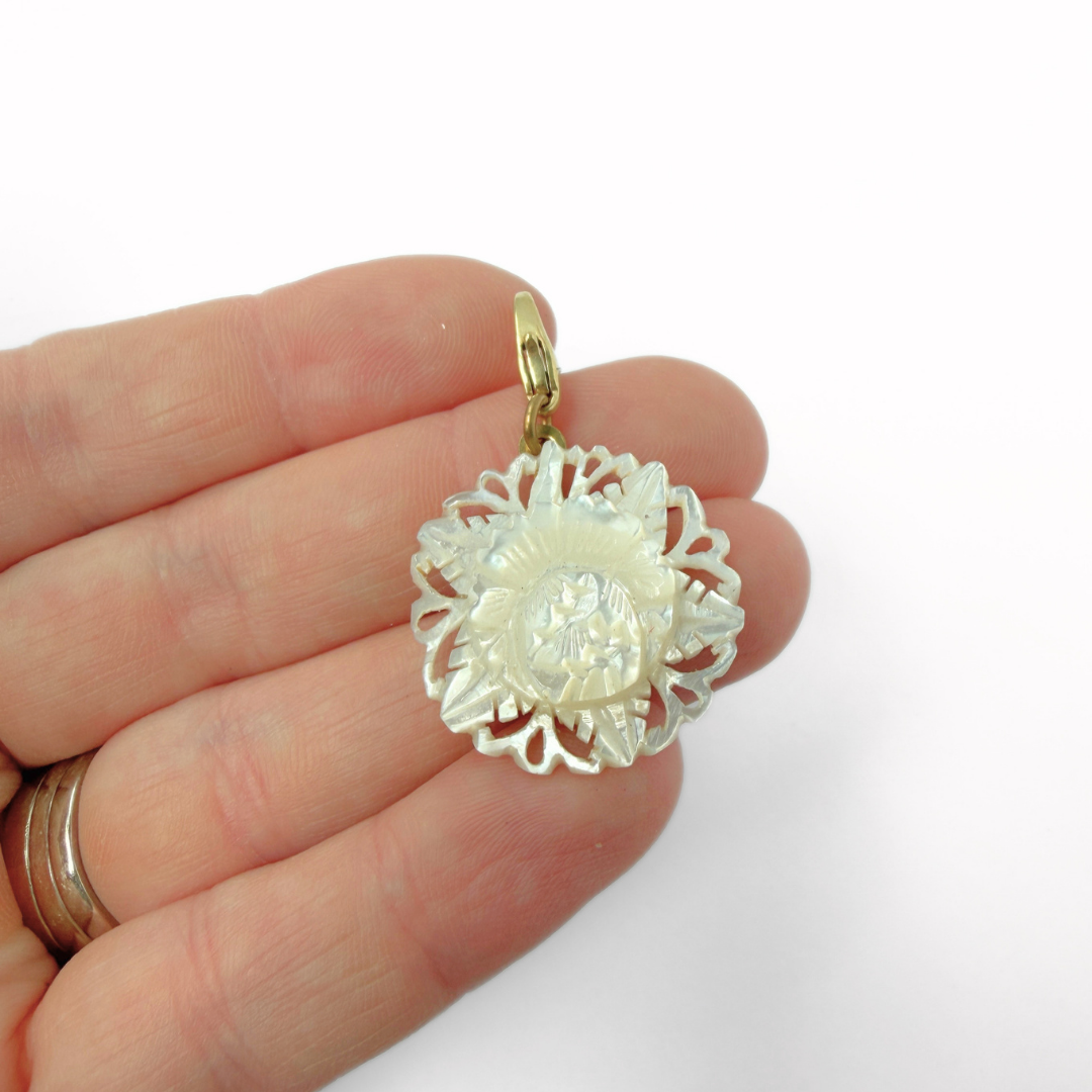 Vintage carved mother of pearl flower charm