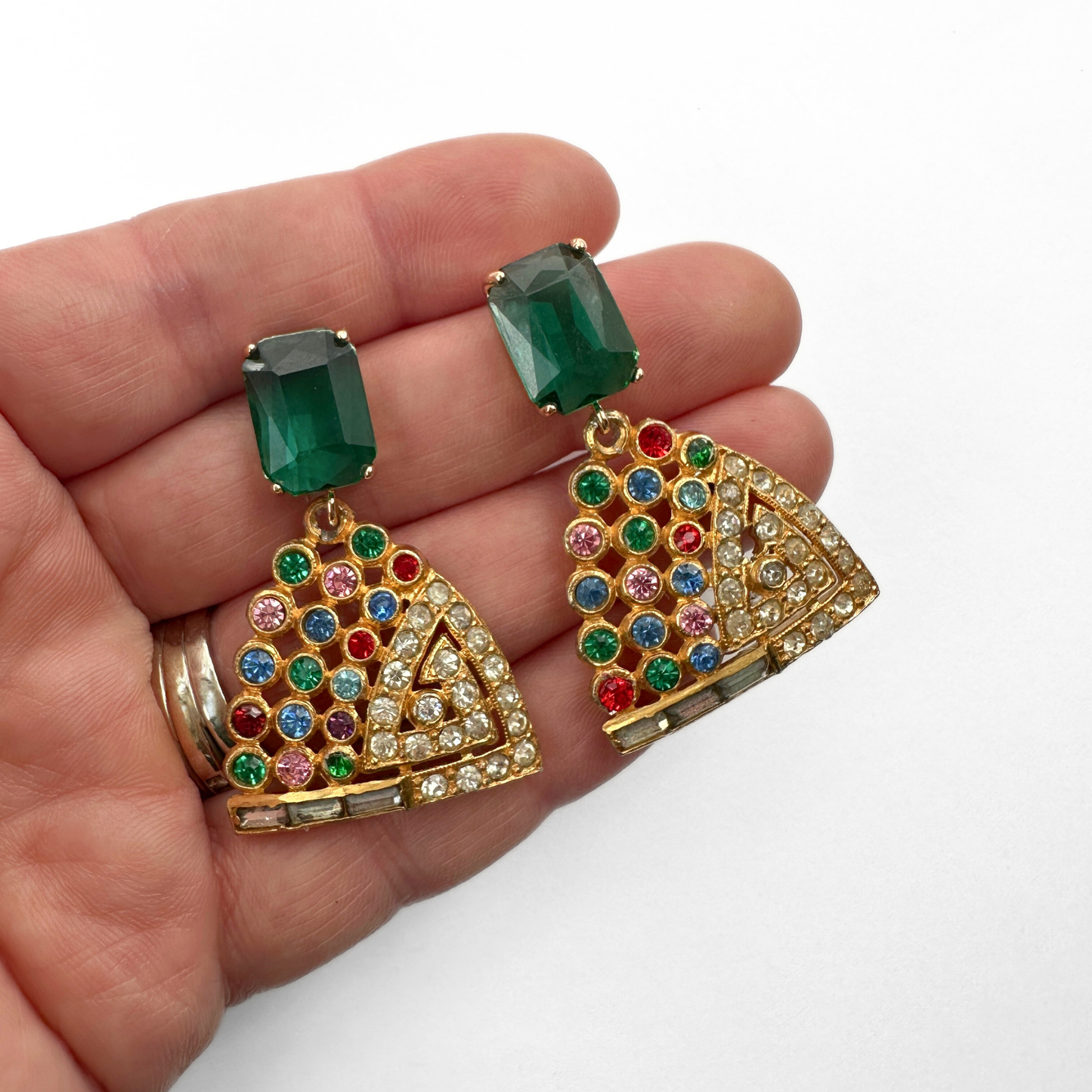 Large Refashioned vintage multicolor statement earrings