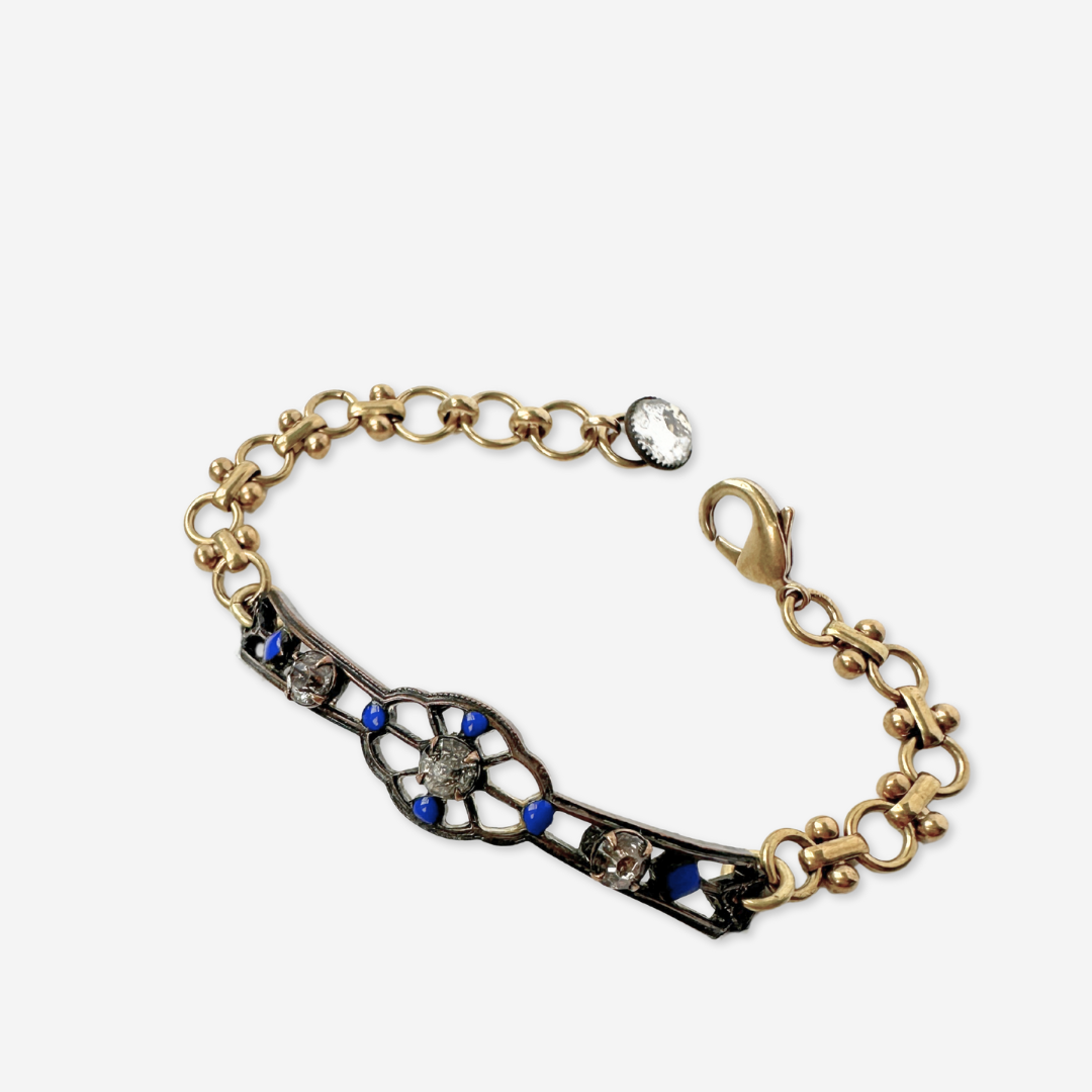 Repurposed antique bronze, blue enamel, and clear rhinestone thin ornate bar bracelet