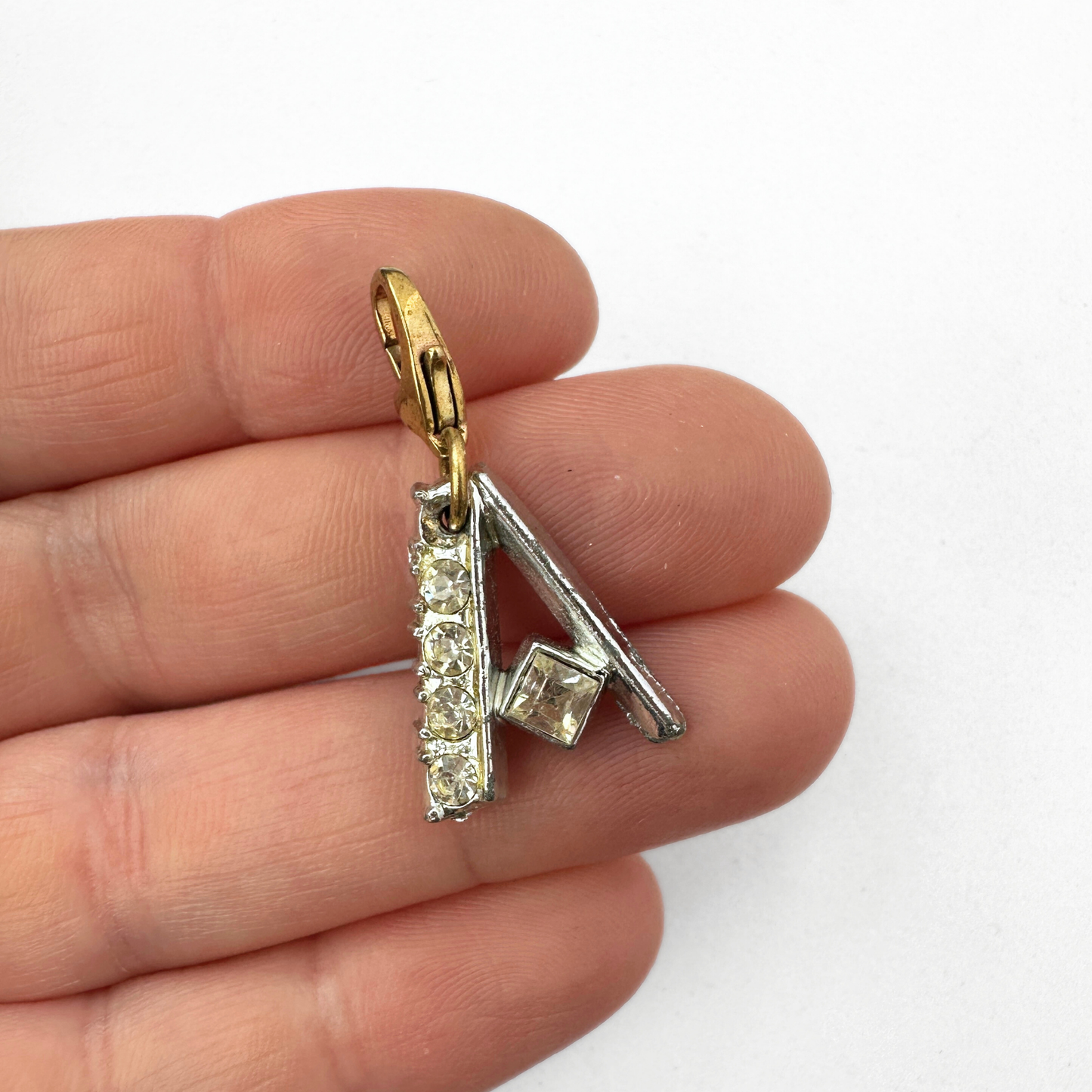 Vintage silver and clear rhinestone letter "A" charm