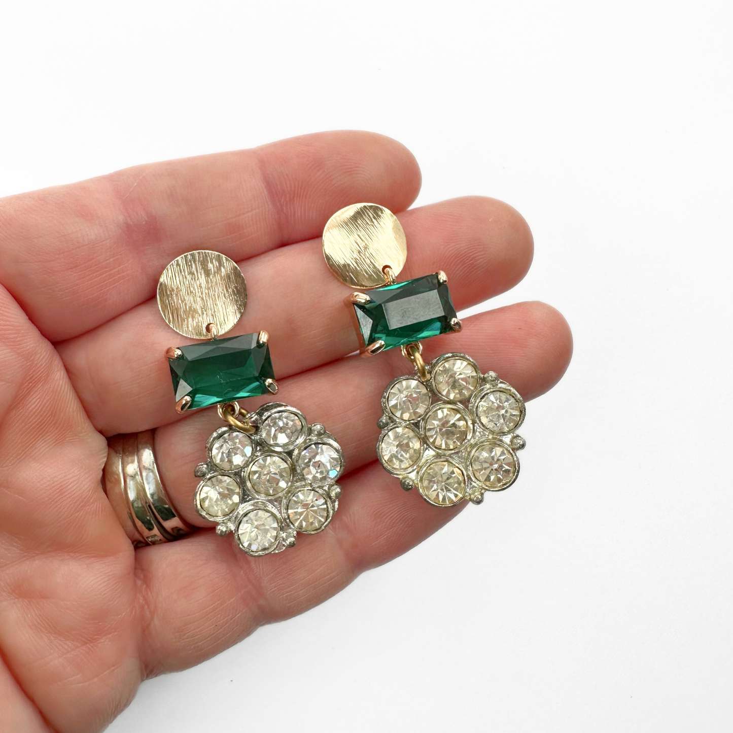 Refashioned vintage clear rhinestone and green crystal earrings