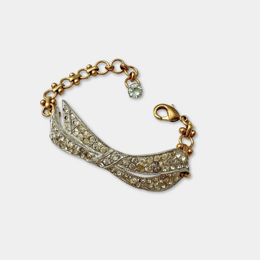 Refashioned vintage clear rhinestone ribbon bracelet with brass chain