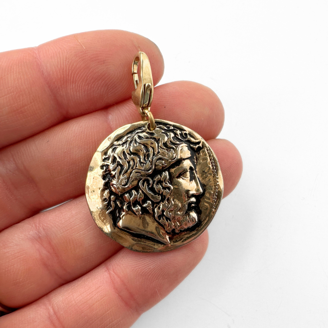 Vintage shiny gold Zeus coin charm