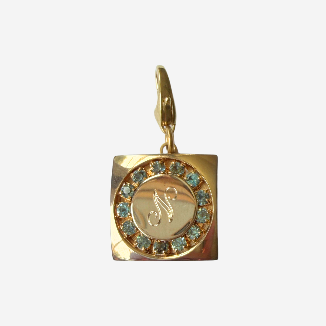 Refashioned vintage gold and blue rhinestone letter "N" monogram charm