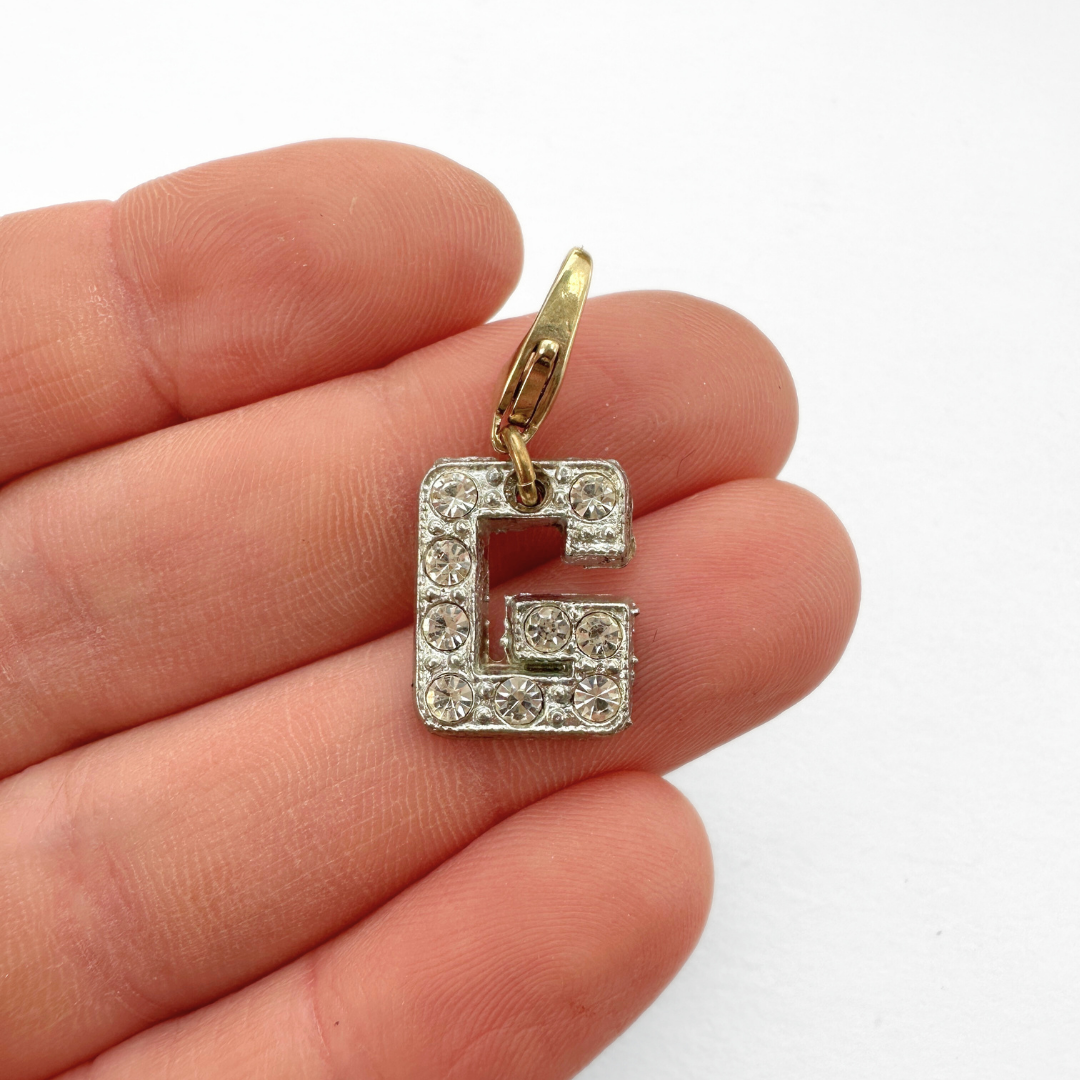 Small vintage clear rhinestone letter "G" charm