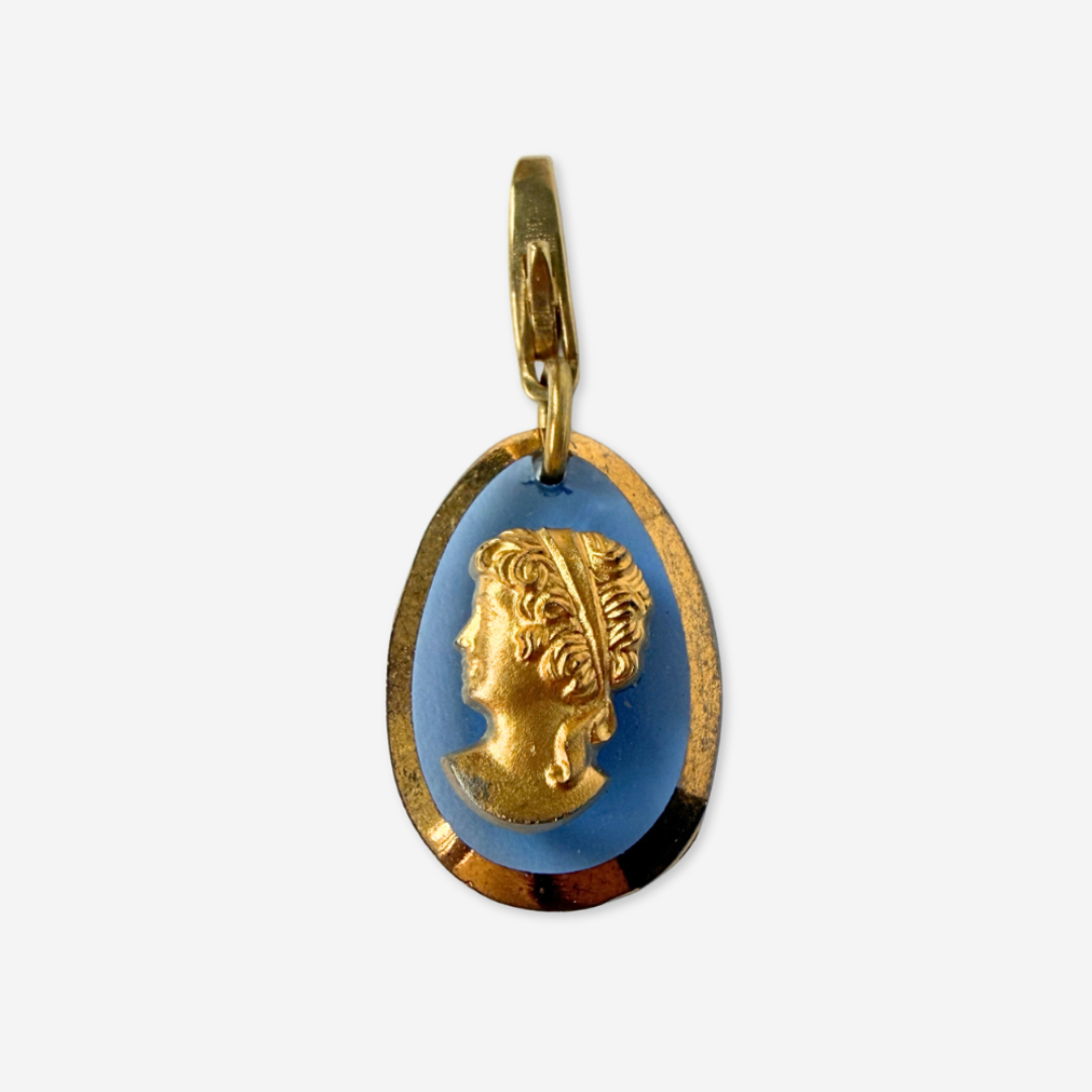 Refashioned vintage blue glass and gold cameo teardrop charm