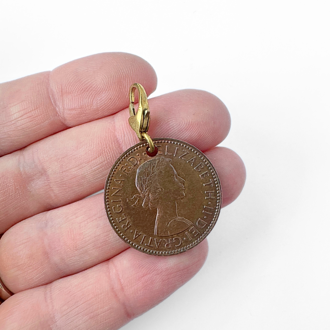Vintage bronze 1963 Queen Elizabeth half penny coin charm