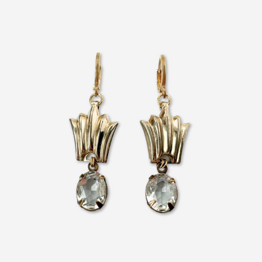 Refashioned vintage fan earrings with clear crystal drop
