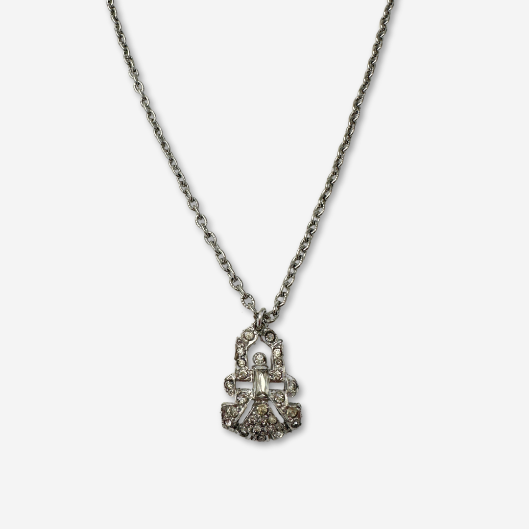 Small clear vintage rhinestone deco pendant on silver chain