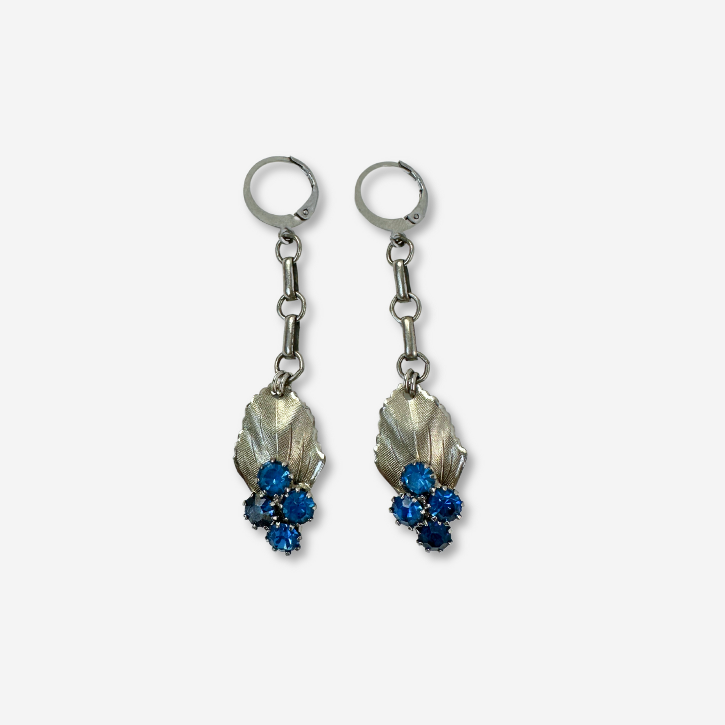 Refashioned vintage blue rhinestone silver leaf drop earrings