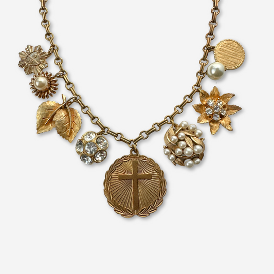 Repurposed gold, pearl and rhinestone vintage cross charm necklace